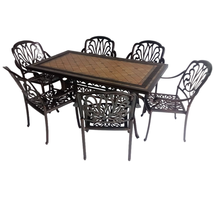 Canarias Terracota Copper Aluminum Table 160 + 6 Canarias Aluminium Copper Chairs