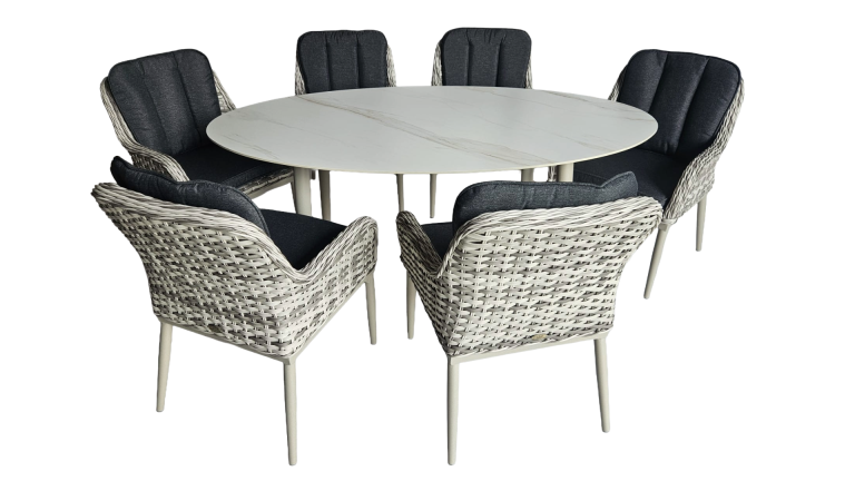 Zentrum White Oval Ceramic Glass Table + 6 Natural Duna Chairs
