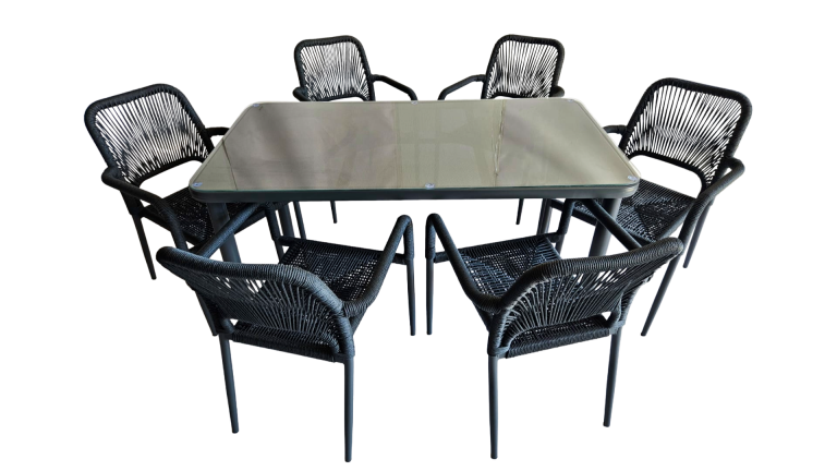 Family Table Teslin Dark grey + 6 Dark Grey Relax Chairs