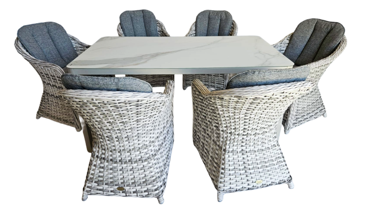 Zentrum White  Table (129 cm) + 6 Colorada Natural Flat Armchairs
